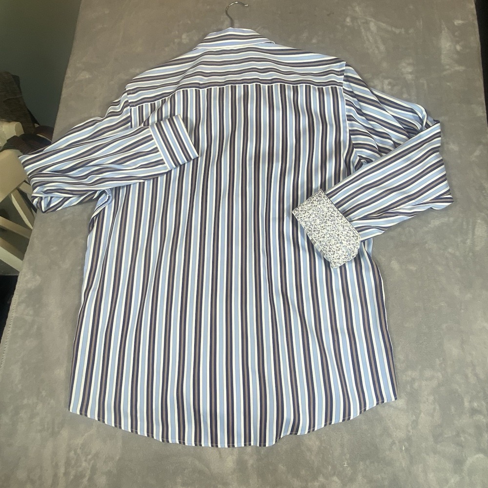 Bugatchi Uomo Shirt XL Flip Cuff Button Up Blue Brown & Striped Unique Contrast‎ - Picture 7 of 9